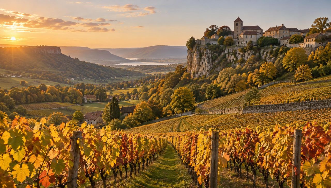 Vignes des Côtes du Jura et village de Château-Chalon au coucher du soleil