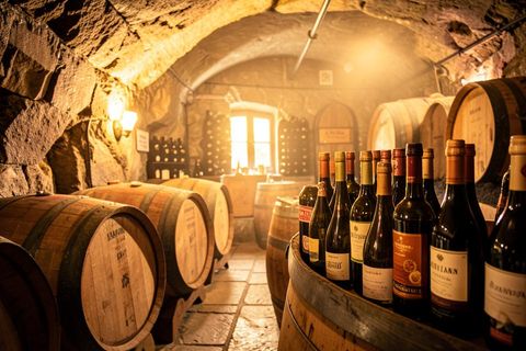Cave à vin jurassienne avec fûts de chêne et bouteilles de vin jaune