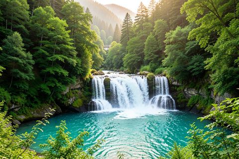 Cascade du Hérisson entourée de forêt verdoyante dans le Jura