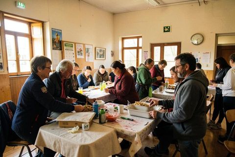 Bénévoles réunis autour de tables lors d'un repas solidaire dans une salle des fêtes