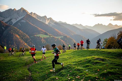 Coureurs et cyclistes sur un plateau des montagnes du Jura en automne